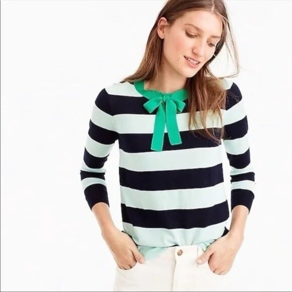 J.‎ Crew 100% Thin Merino Wool Navy Mint Striped Sweater with Green Bow - Large
